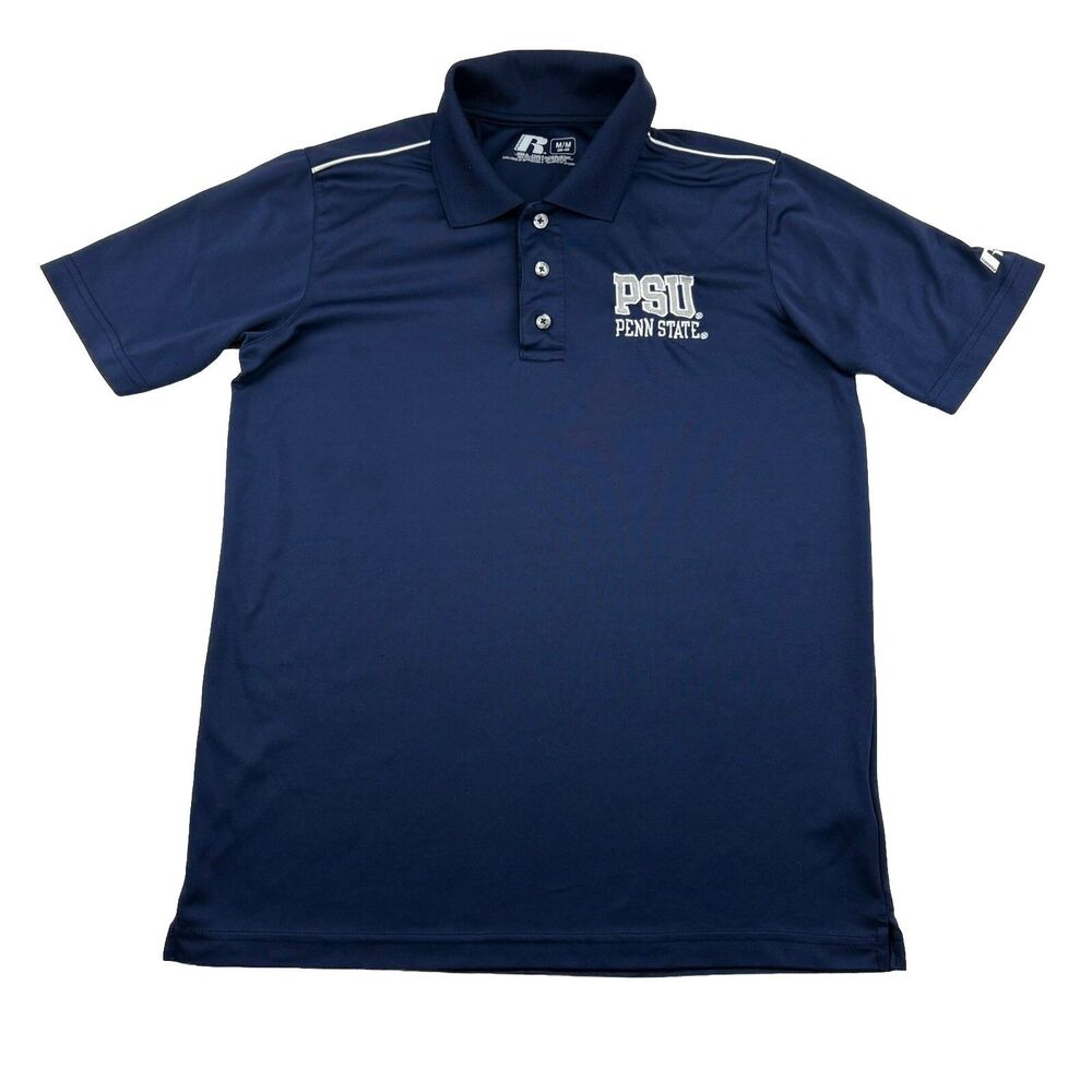PSU Penn State University Golf Polo Mens M Blue Short Sleeve Russell White Trim
